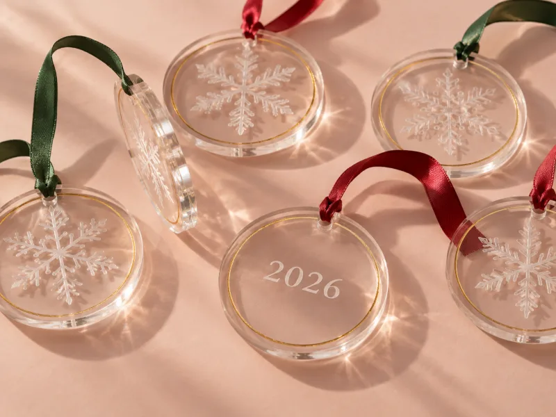 Clear acrylic ornaments with laser-engraved snowflakes and a gold foil ring