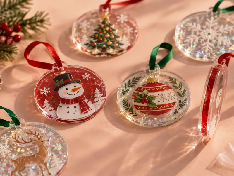Two-layer acrylic Christmas ornaments with a printed clear front over a glitter back layer