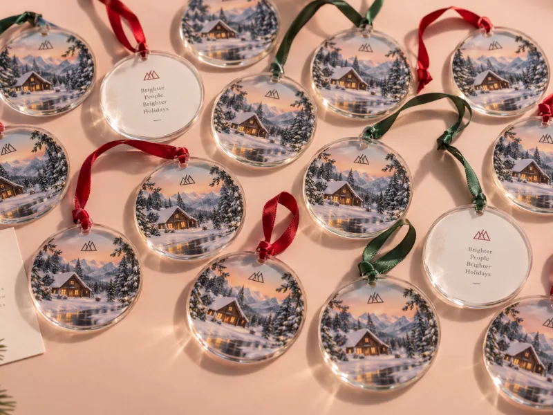 Batch of clear round acrylic Christmas ornaments UV-printed with a holiday illustration and ribbon loops