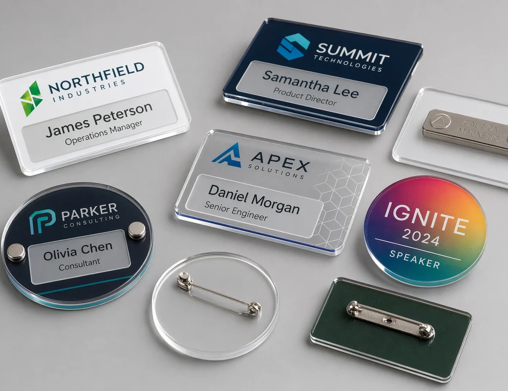 Custom acrylic badges with pin back and magnetic clasp