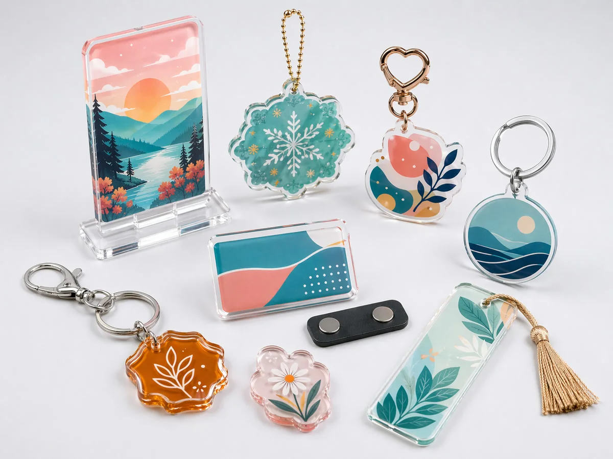 Custom acrylic ornaments assortment including keychains, standees, event badges, and souvenir charms on a light gray studio background