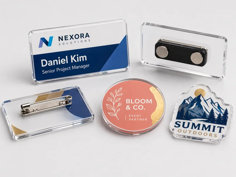 Acrylic name badges and decorative pin badges showing printed fronts and metal back hardware