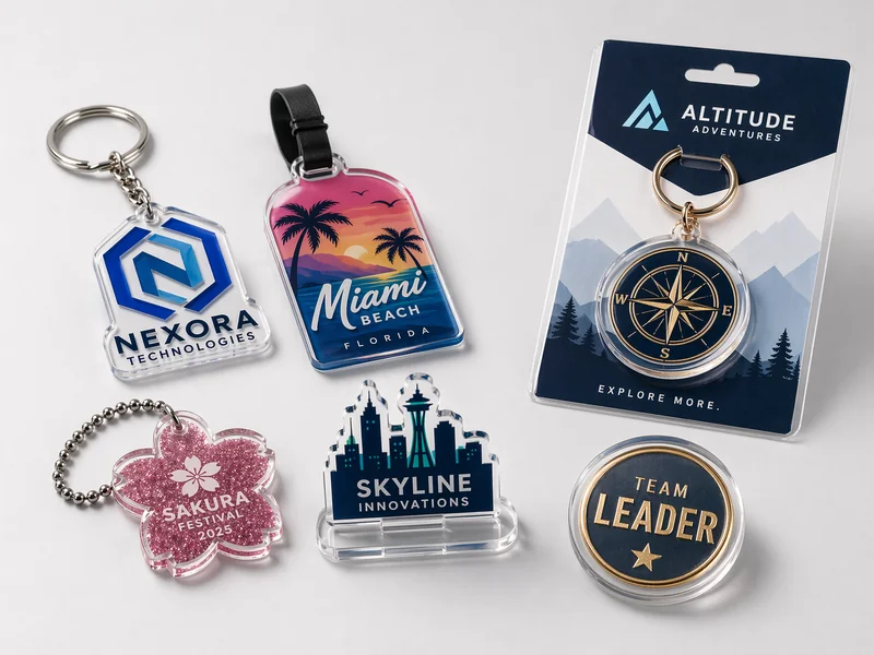 Assorted custom acrylic ornaments including logo keychains, packaged charms, standee, glitter charm, and foil badge
