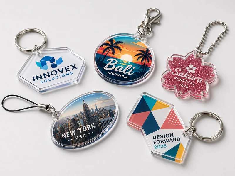 Custom acrylic keychains with split ring, lobster clasp, glitter charm, and souvenir tag