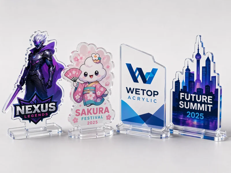 Custom acrylic standees on slot-in bases with gaming, event, and branded graphics