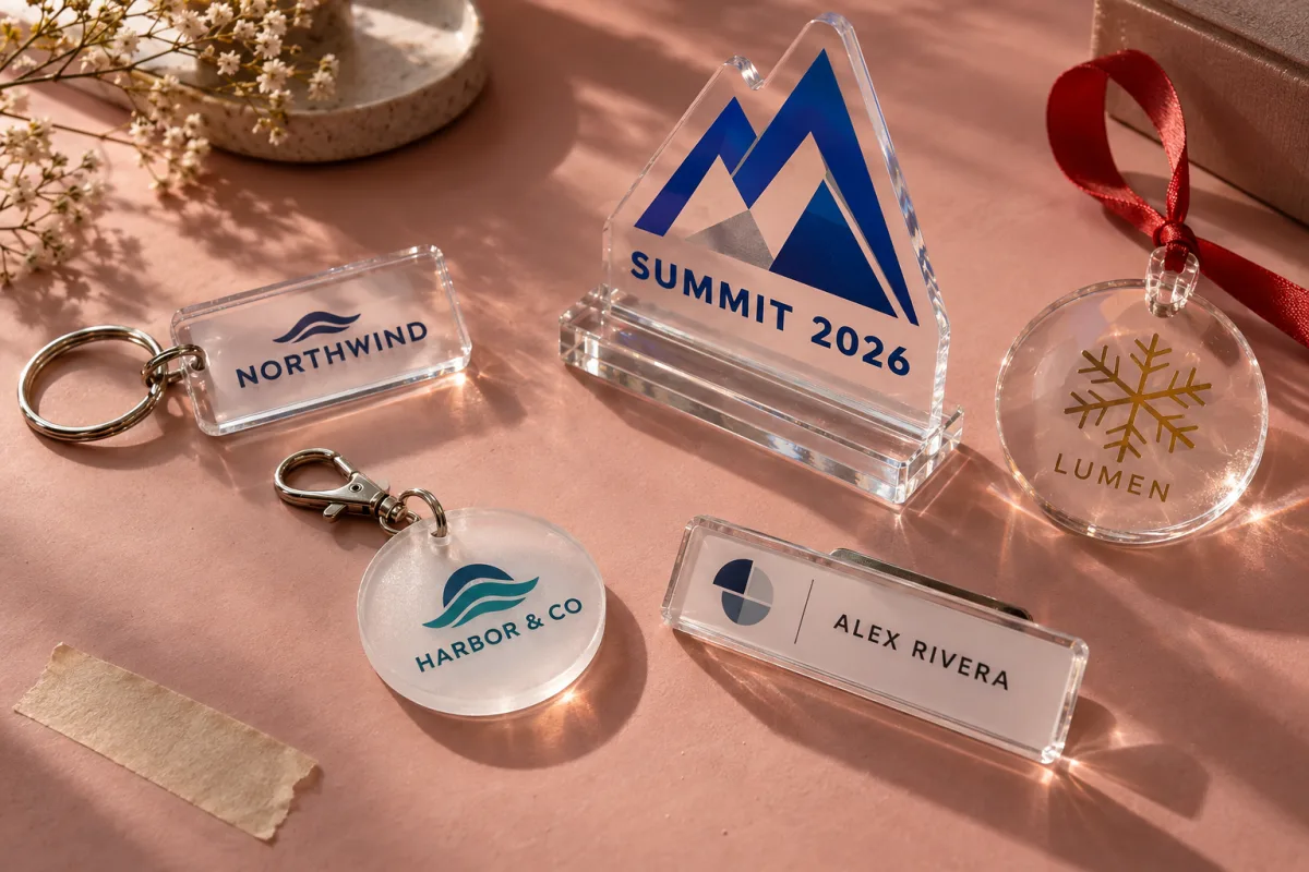 Branded acrylic promotional items with fictional company logos: printed keychains, a logo standee on a slot-in base, a name badge and a corporate holiday ornament