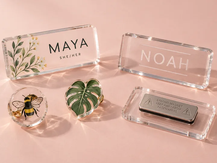 Acrylic name badges and pin badges with printed and engraved fronts