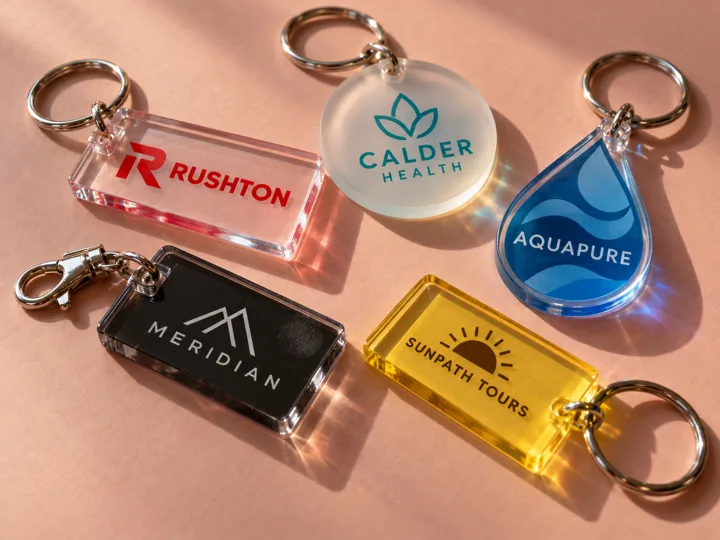 Custom acrylic keychains printed with fictional company logos in brand colors on split rings and a lobster clasp