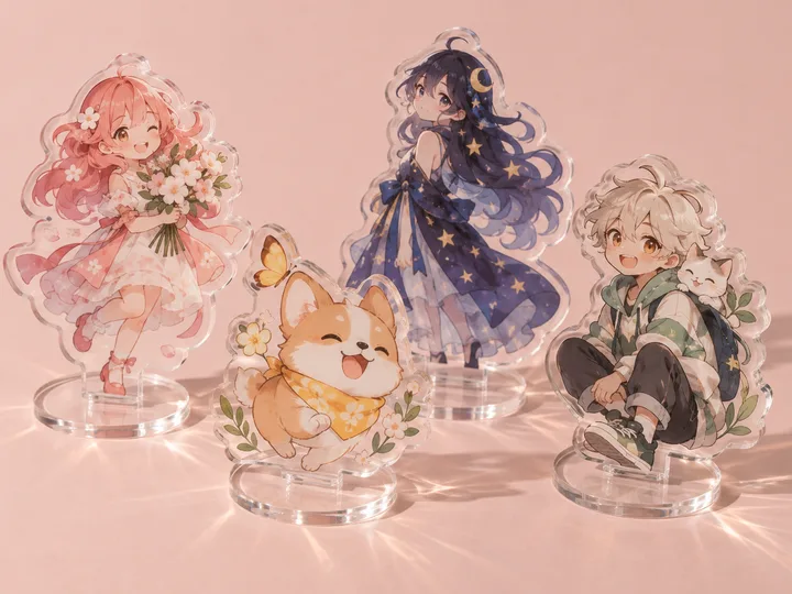 Custom acrylic character standees on clear slot-in bases