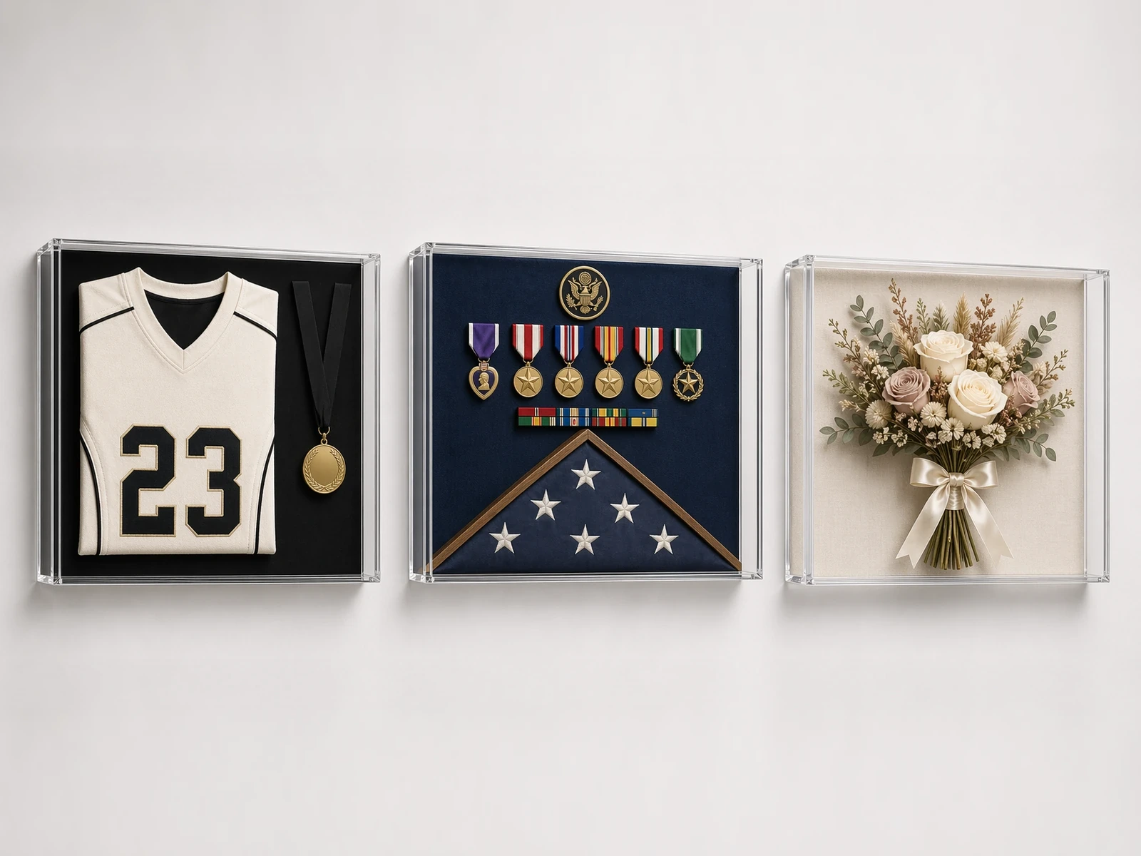 Custom acrylic shadow boxes — jersey shadow box and medal display on clean background