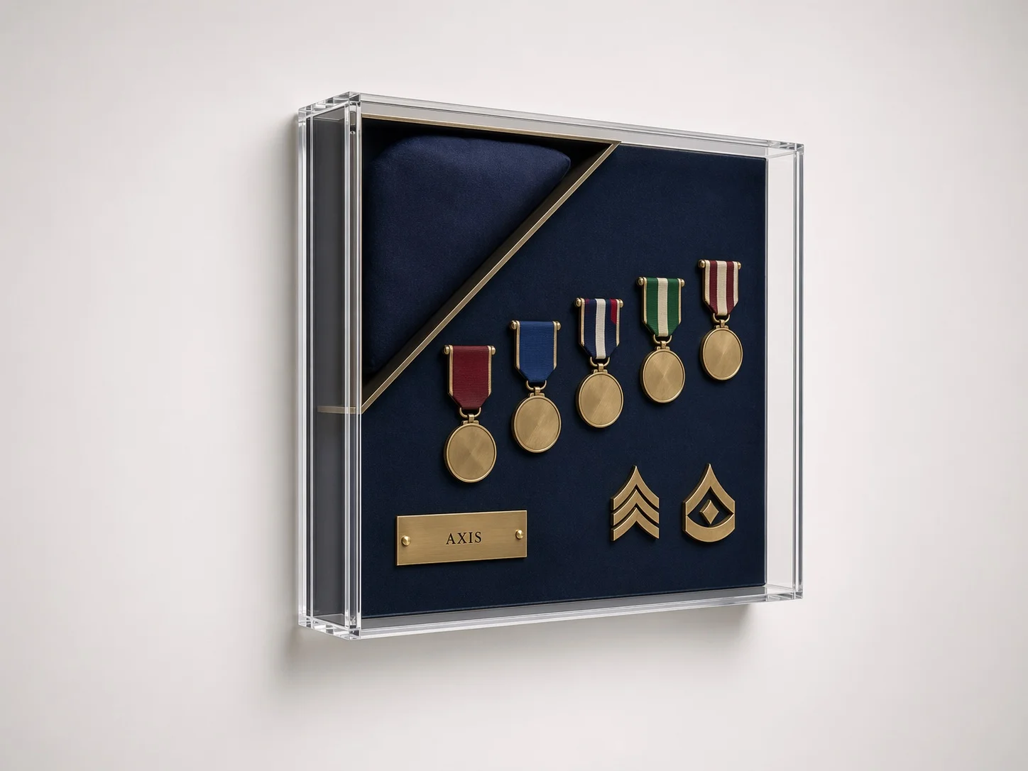 Custom acrylic military shadow box with medals, folded fabric display, and rank-style insignia