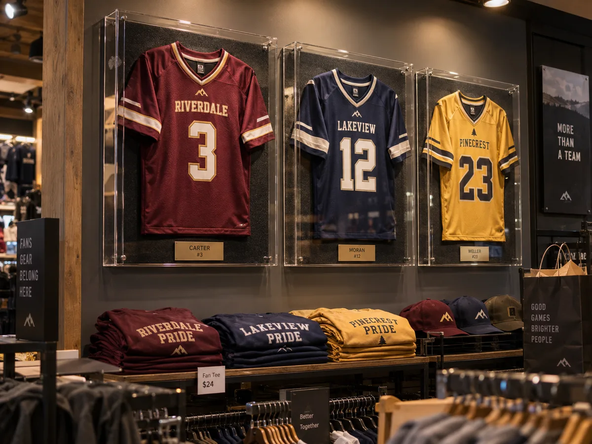 Three clear acrylic jersey display cases with name-and-number plaques on a team store wall