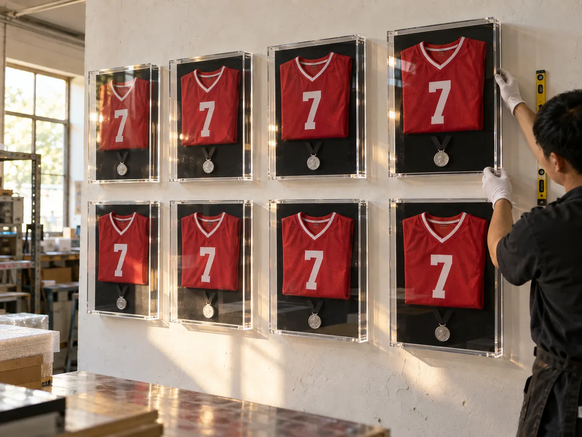 A run of identical clear acrylic jersey shadow box frames hung in a grid during finishing