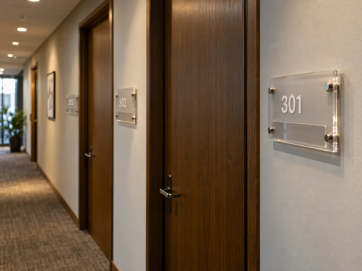 Matching frosted acrylic room number signs beside office doors along a corridor