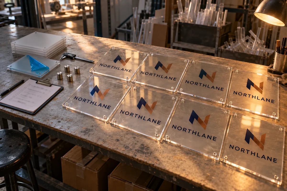 Batch of identical clear acrylic wall logo signs with standoff caps on a workshop packing bench