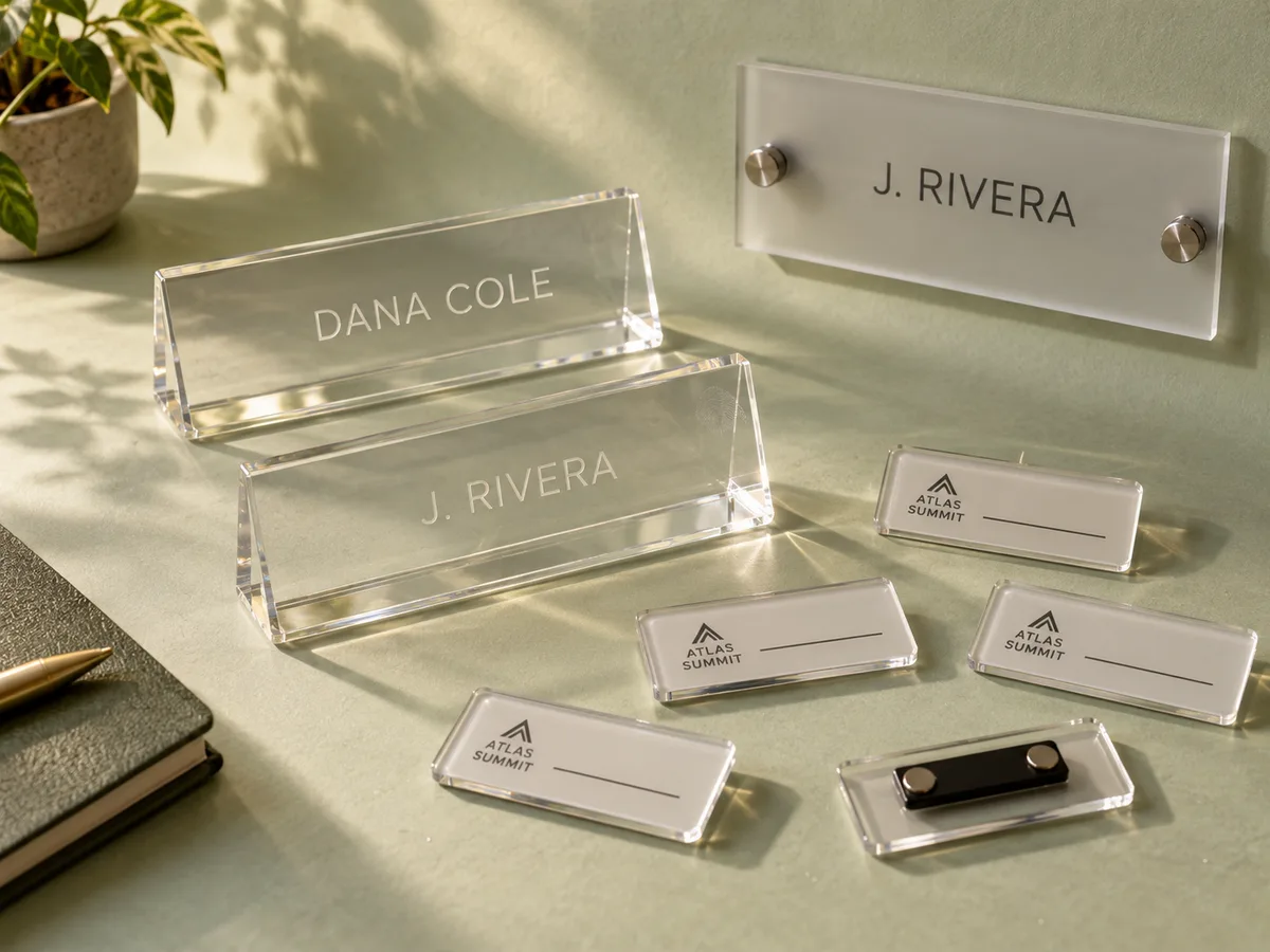 Acrylic desk name plates, a door name plate and magnetic acrylic name badges on sage paper