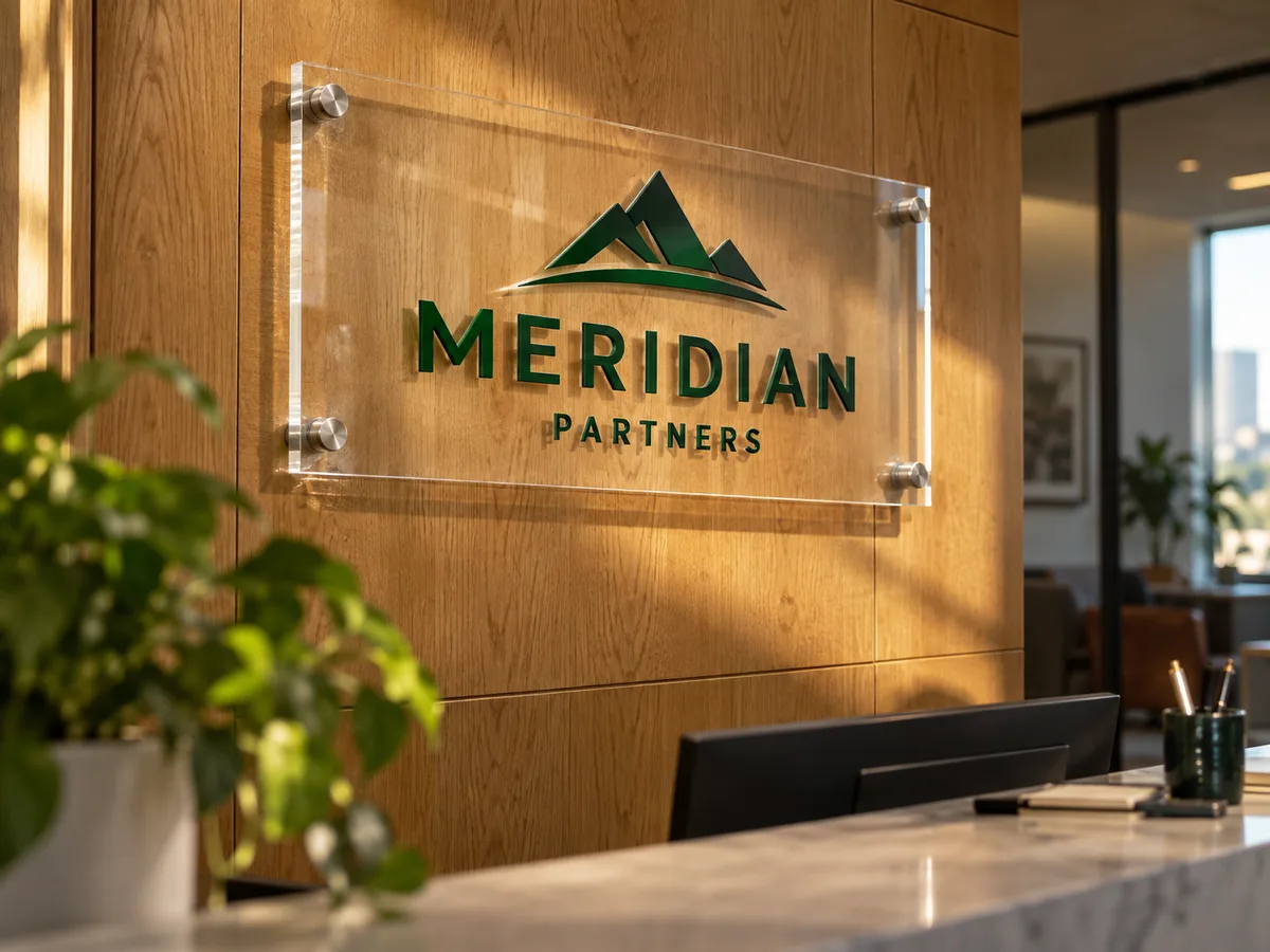 Clear acrylic logo sign on stainless standoffs on an oak reception wall