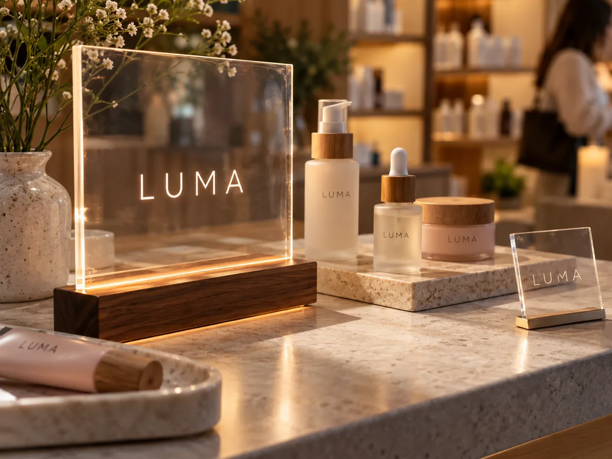 Edge-lit acrylic logo sign on a walnut LED base and an engraved counter sign on a cosmetics counter