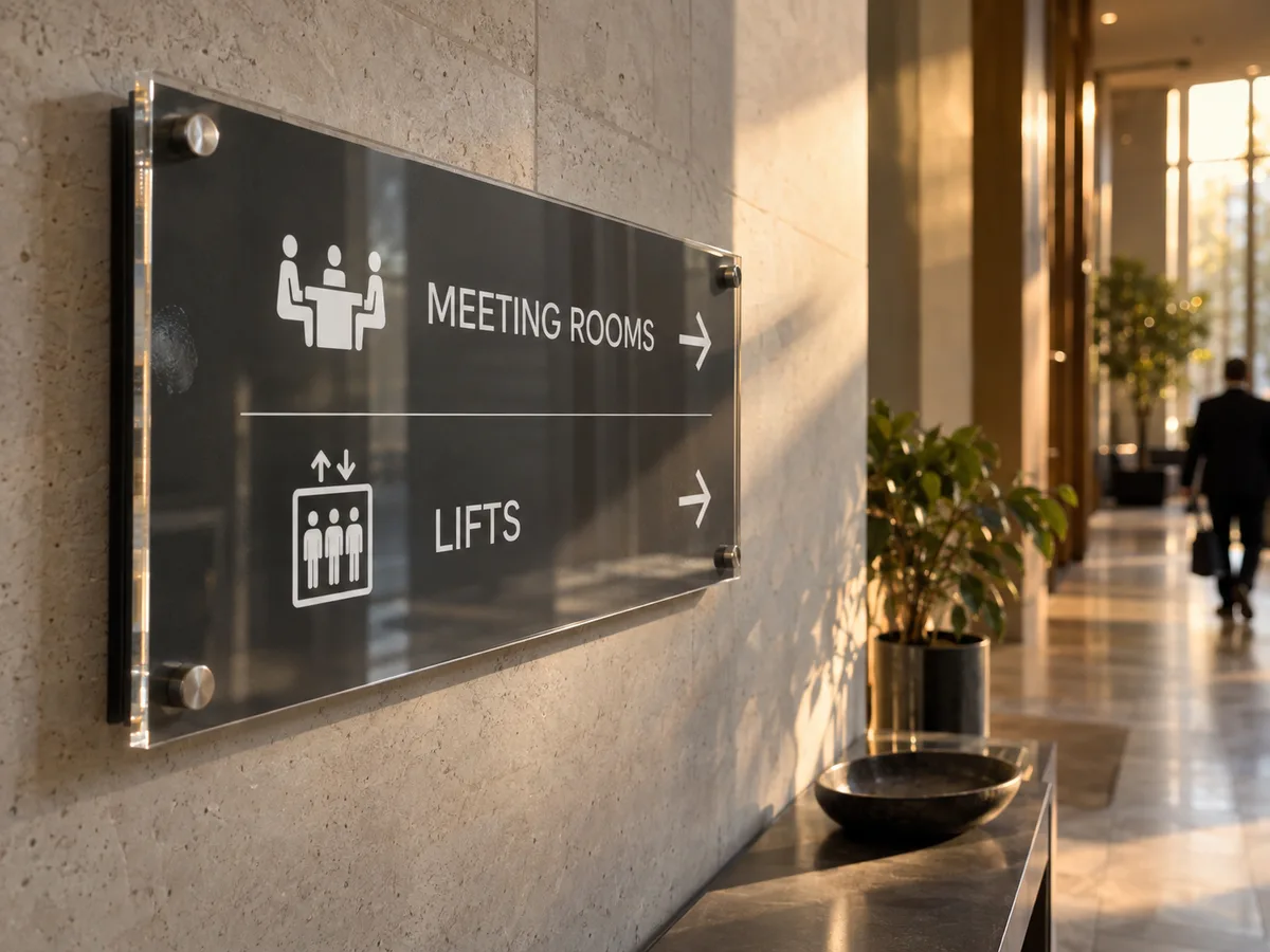 Layered acrylic wayfinding sign with pictograms and arrows in a building lobby