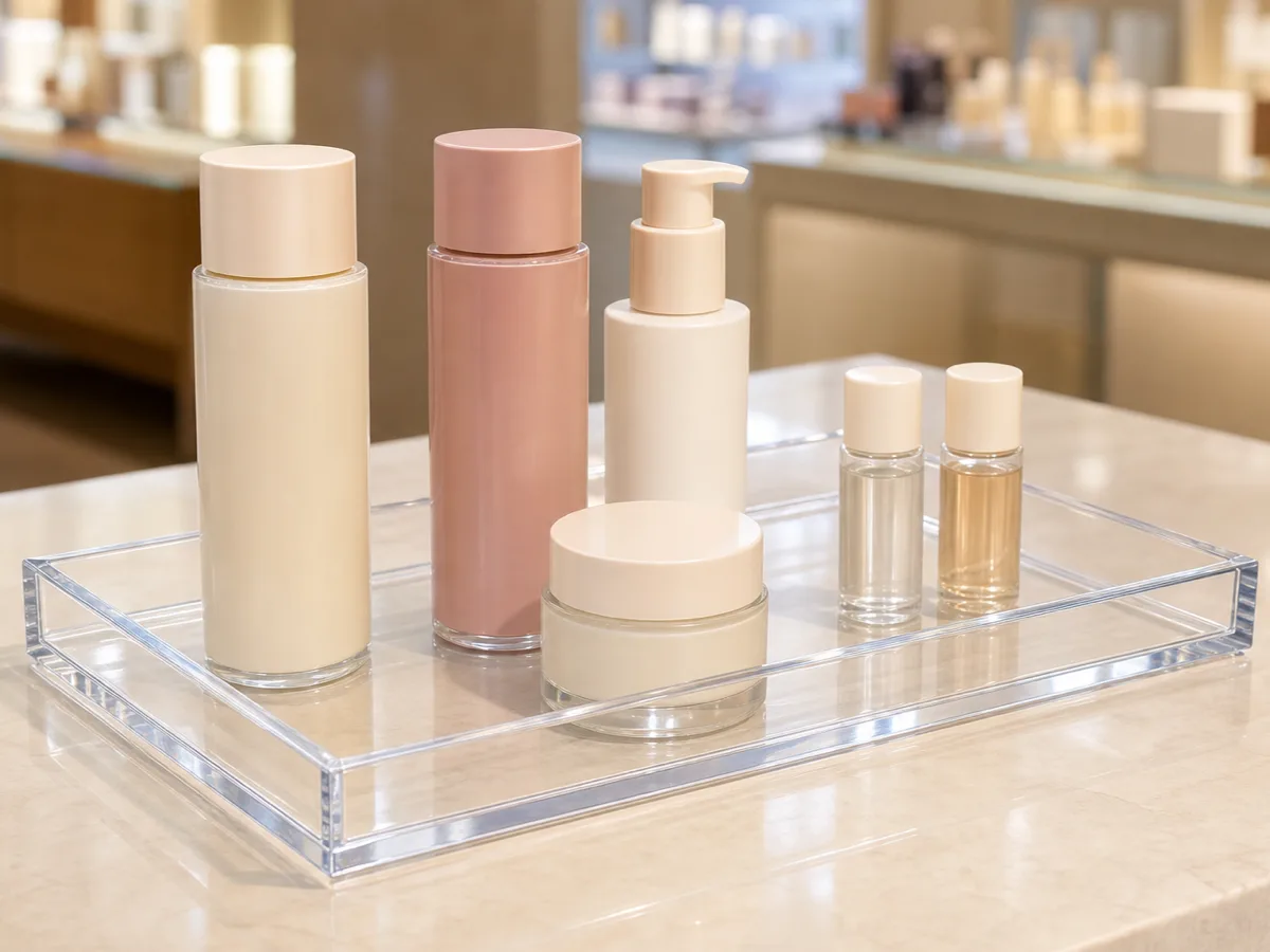 Clear acrylic cosmetics counter tray organizing skincare bottles and testers on a retail beauty counter