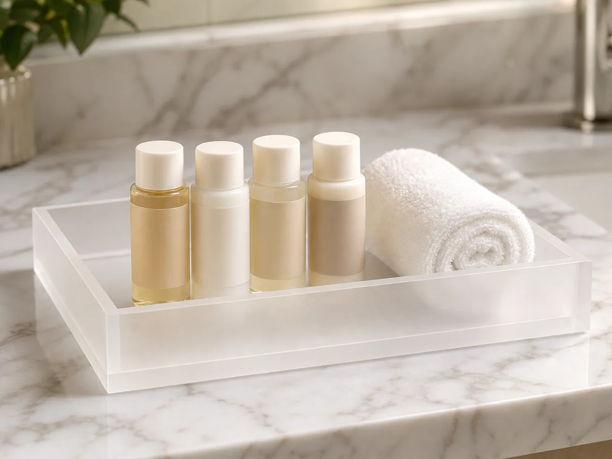 Frosted acrylic bathroom amenity tray holding toiletry bottles and a rolled towel on a marble hotel vanity counter