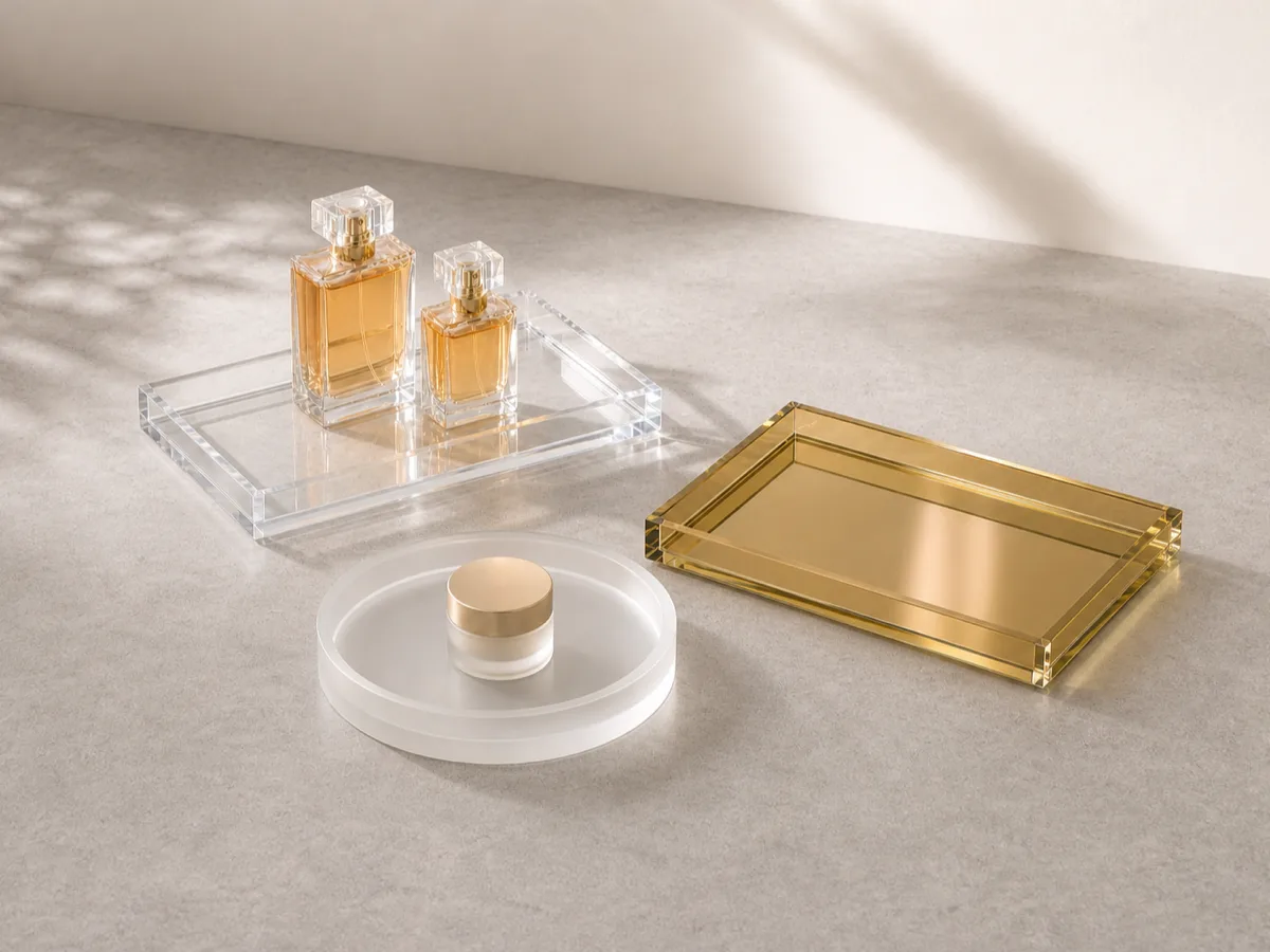 Custom acrylic vanity trays in clear, frosted, and mirrored finishes holding perfume and skincare bottles on a light counter