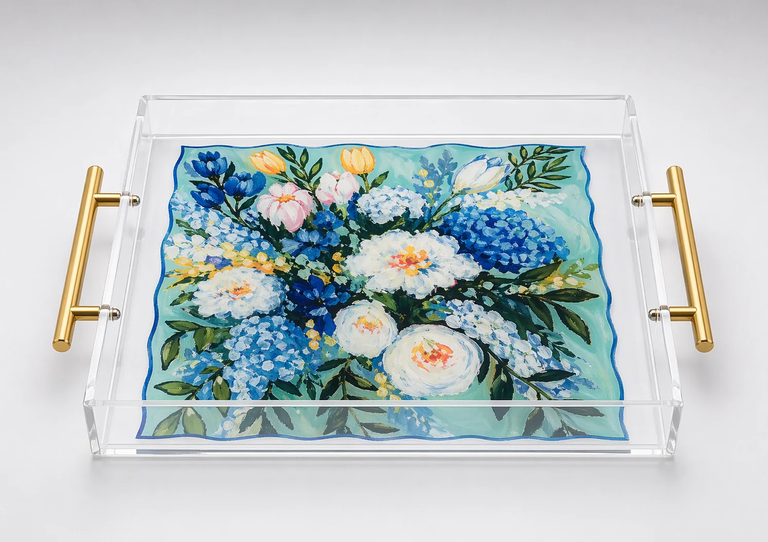 UV printed custom acrylic tray with artwork and gold handles