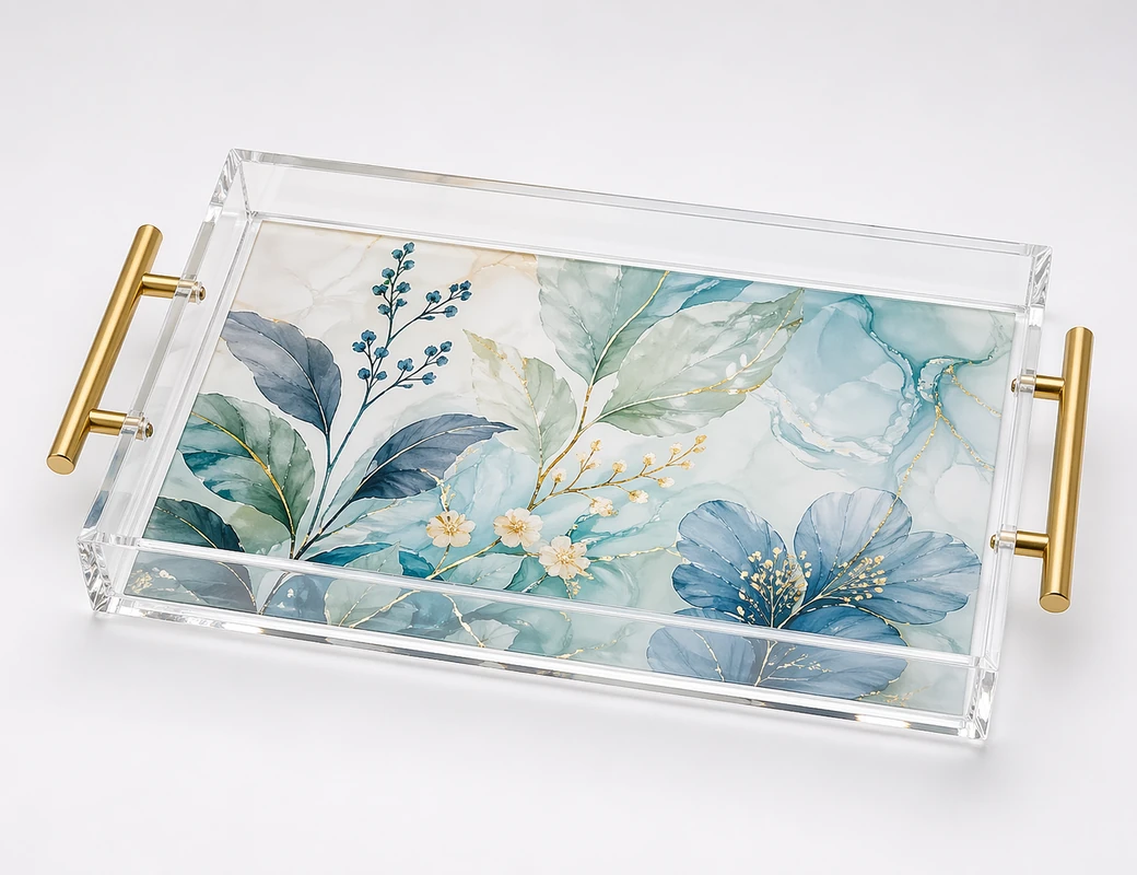 Custom decorative acrylic tray with botanical artwork and gold handles