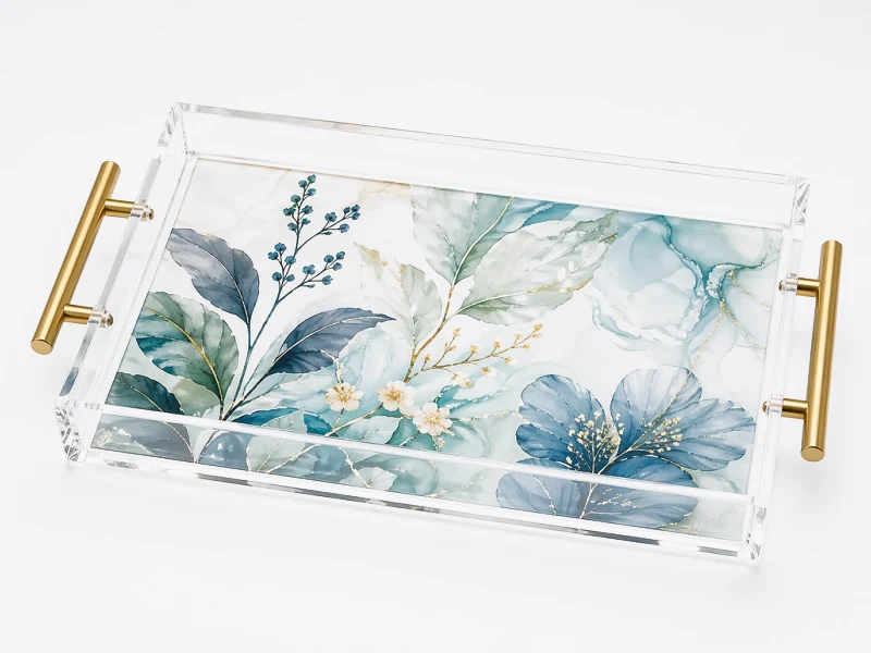 Botanical artwork acrylic tray with gold handles