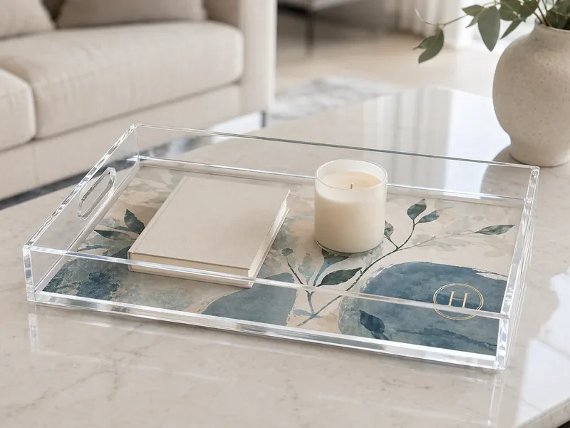 Decorative acrylic tray with printed artwork in a living room setting