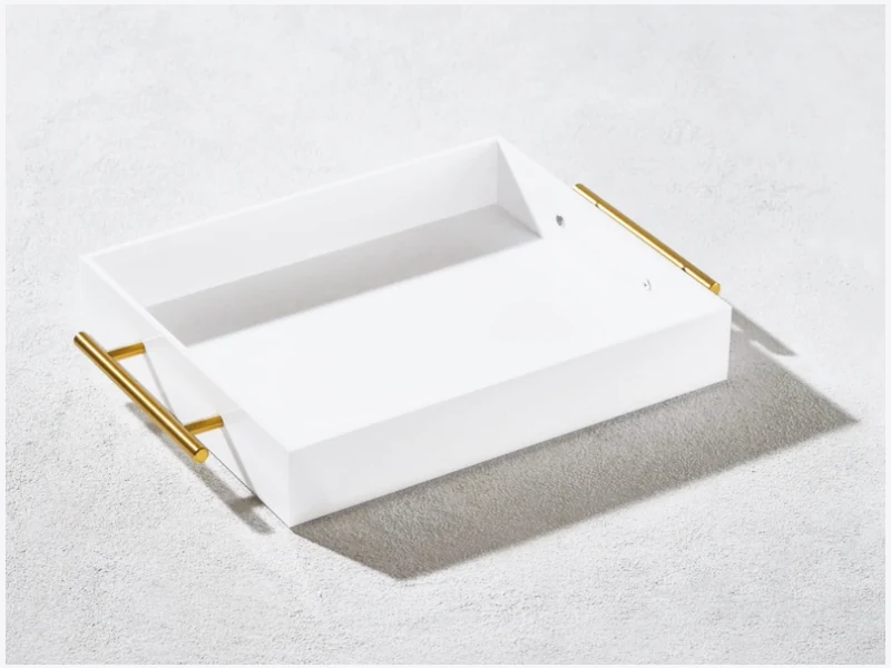 White acrylic tray with gold metal handles