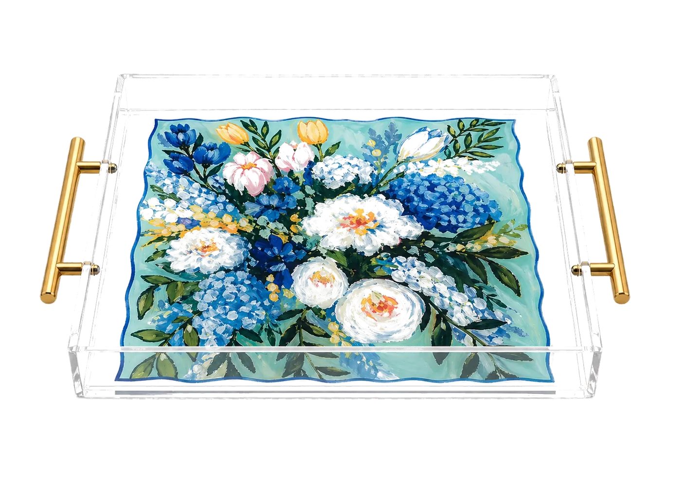 UV-printed custom artwork acrylic tray with gold handles — Wetop factory