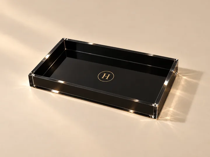 黒いアクリルトレイに金箔押ししたモノグラム