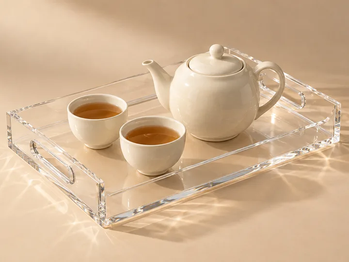 Clear acrylic serving tray with routed cut-out handles holding a teapot and two cups