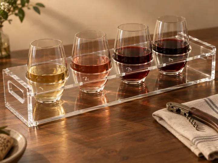 Two-level clear acrylic tasting-flight tray with four numbered cut-outs holding stemless wine glasses on a bar counter