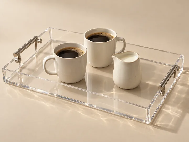 Clear acrylic serving tray with brushed stainless handles carrying coffee cups and a milk jug