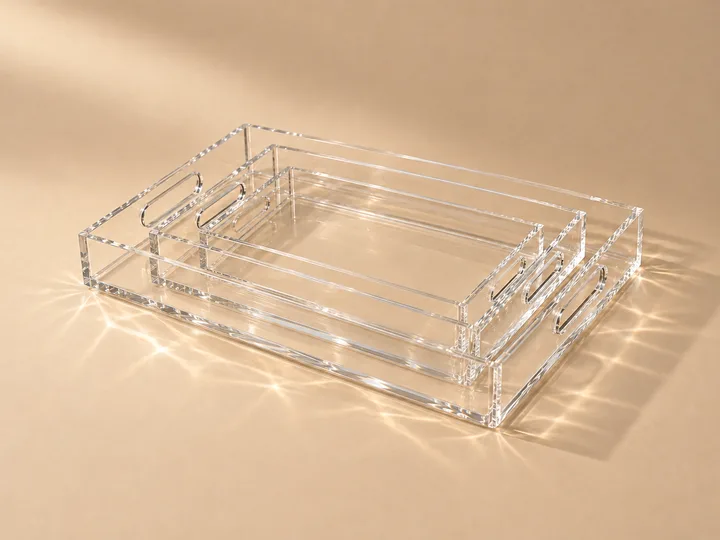 Nested set of three clear acrylic serving trays with cut-out handles