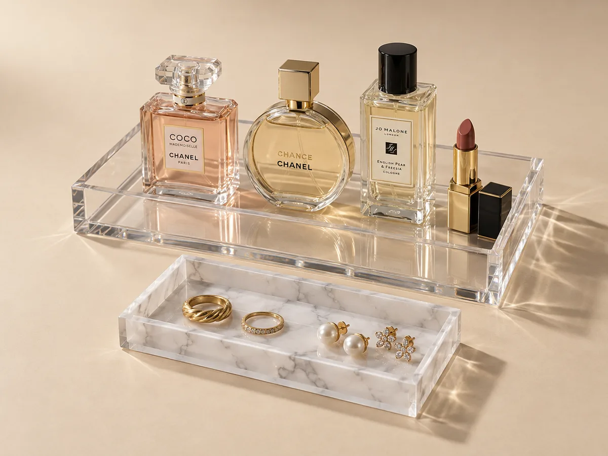 Clear acrylic vanity tray holding perfume bottles and a lipstick, with a smaller marble-printed tray holding rings and earrings