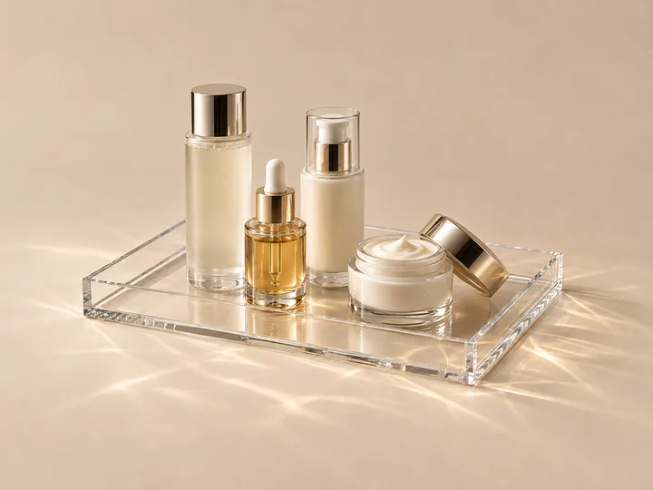 Clear low-rim acrylic cosmetics tray holding skincare bottles and a jar of cream