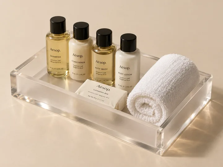 Acrylic hotel bathroom amenity tray with toiletry bottles, soap, and a rolled towel