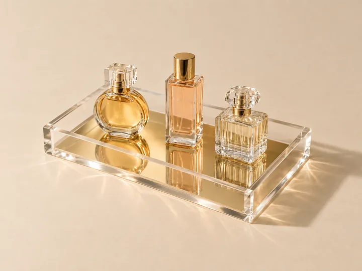 Acrylic perfume tray with a gold mirrored base reflecting three perfume bottles