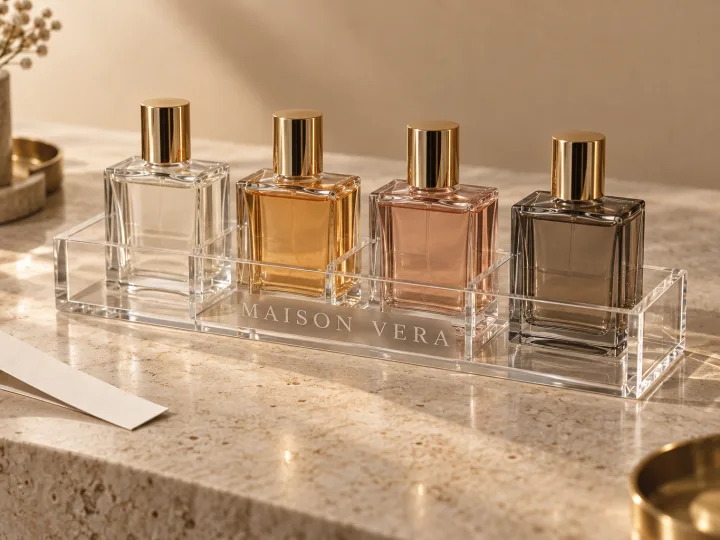 Clear acrylic perfume tray with three bonded dividers holding four fragrance bottles, an etched wordmark on the front face