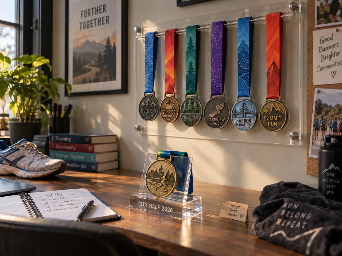 Clear acrylic wall medal hanger with six race medals on ribbons above a desk medal block engraved City Half 2026