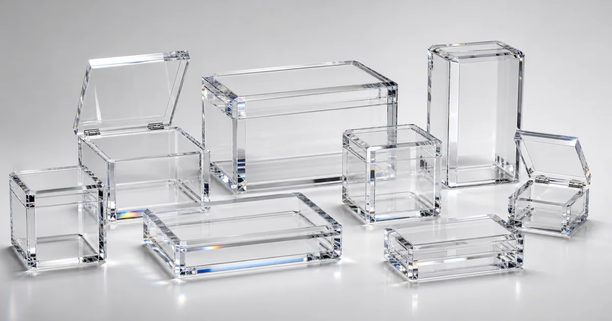 Custom branded acrylic boxes on a clean light-gray background: a UV-printed logo gift box, a silk-screened frosted cube, and a laser-engraved presentation box