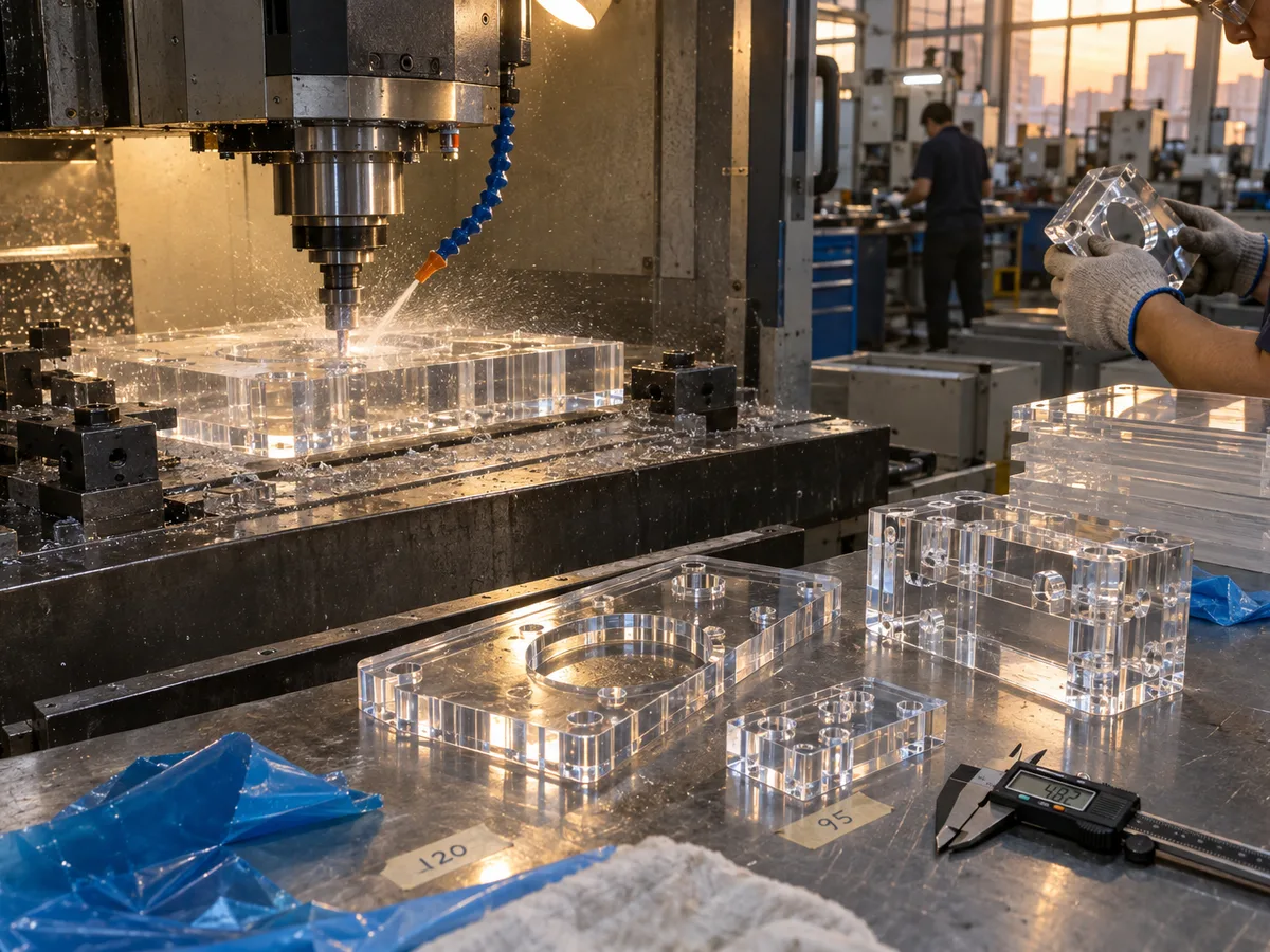Acrylic CNC machining: a router spindle cutting a thick clear part under coolant, with machined parts and calipers nearby