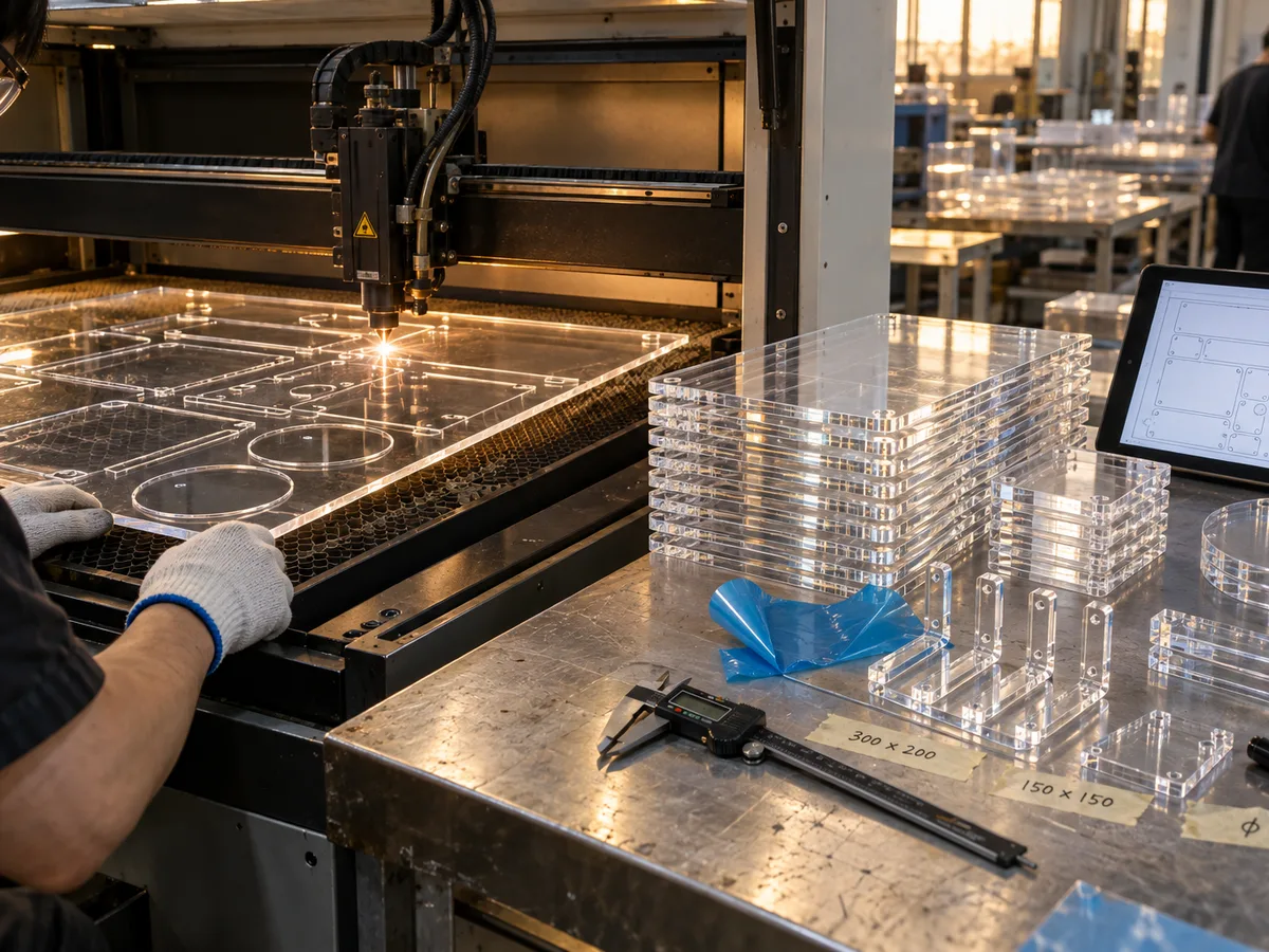 Acrylic laser cutting: a CO2 laser cutting clear sheet, with stacked cut panels, calipers and a drawing on a tablet