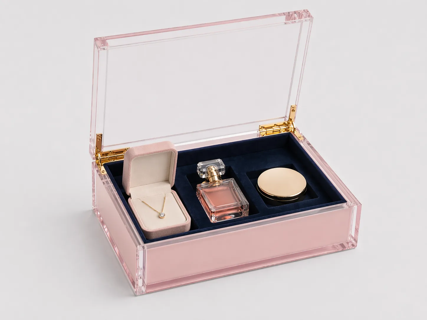 Custom acrylic hinged-lid gift box with a velvet-lined interior for jewelry and cosmetics