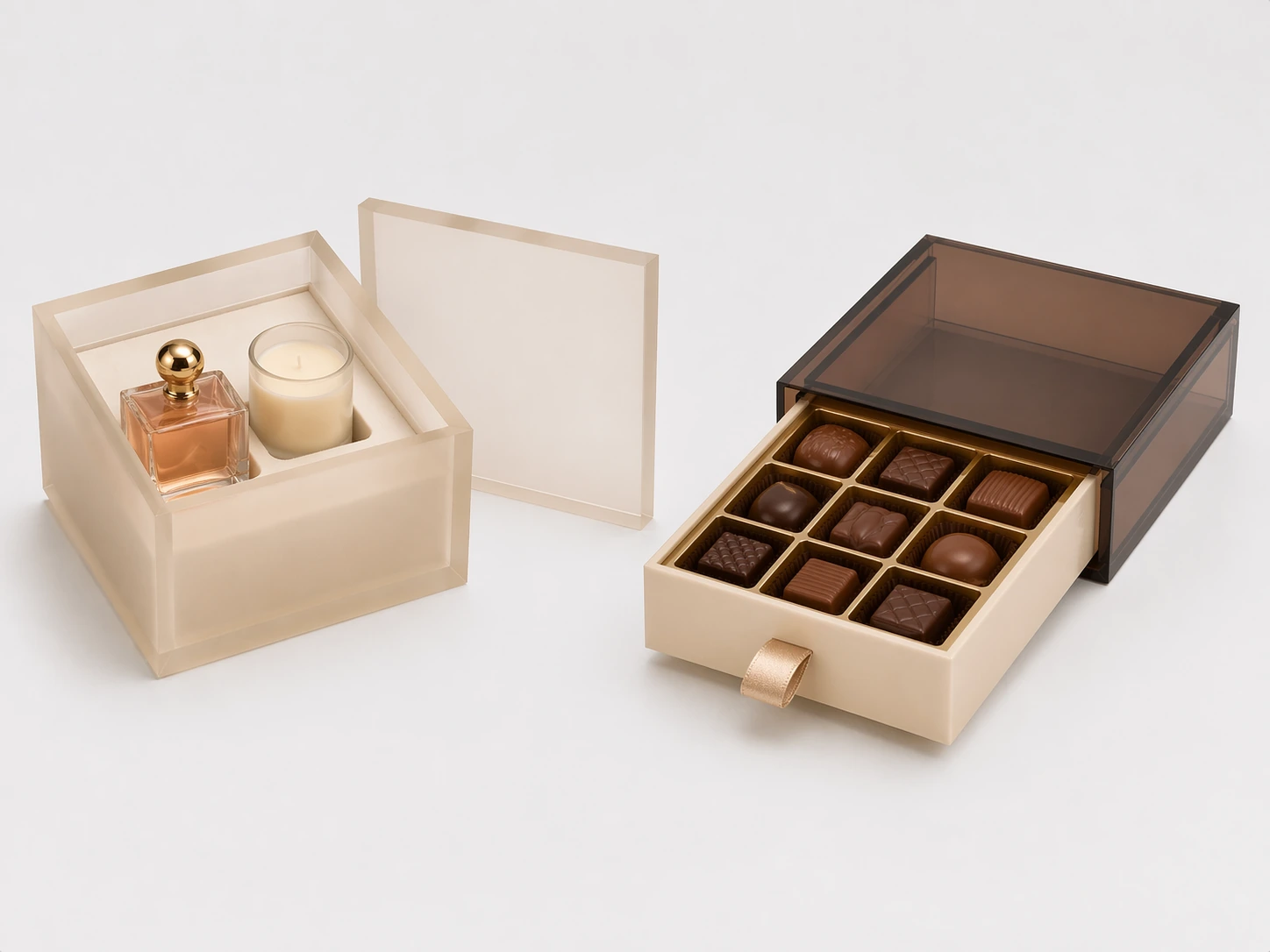 Acrylic lift-off lid gift box and sliding drawer gift box for luxury perfume and chocolate packaging