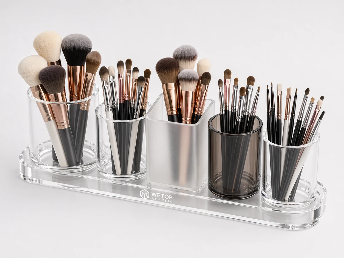 Acrylic brush holder with multi-cup configuration for face, eye, and lip brushes