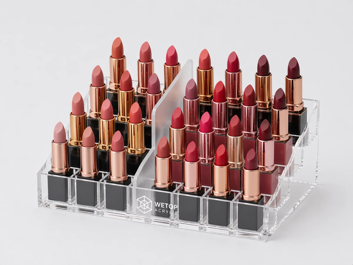 Acrylic lipstick holder with 36 vertical slots in stepped 3-tier configuration